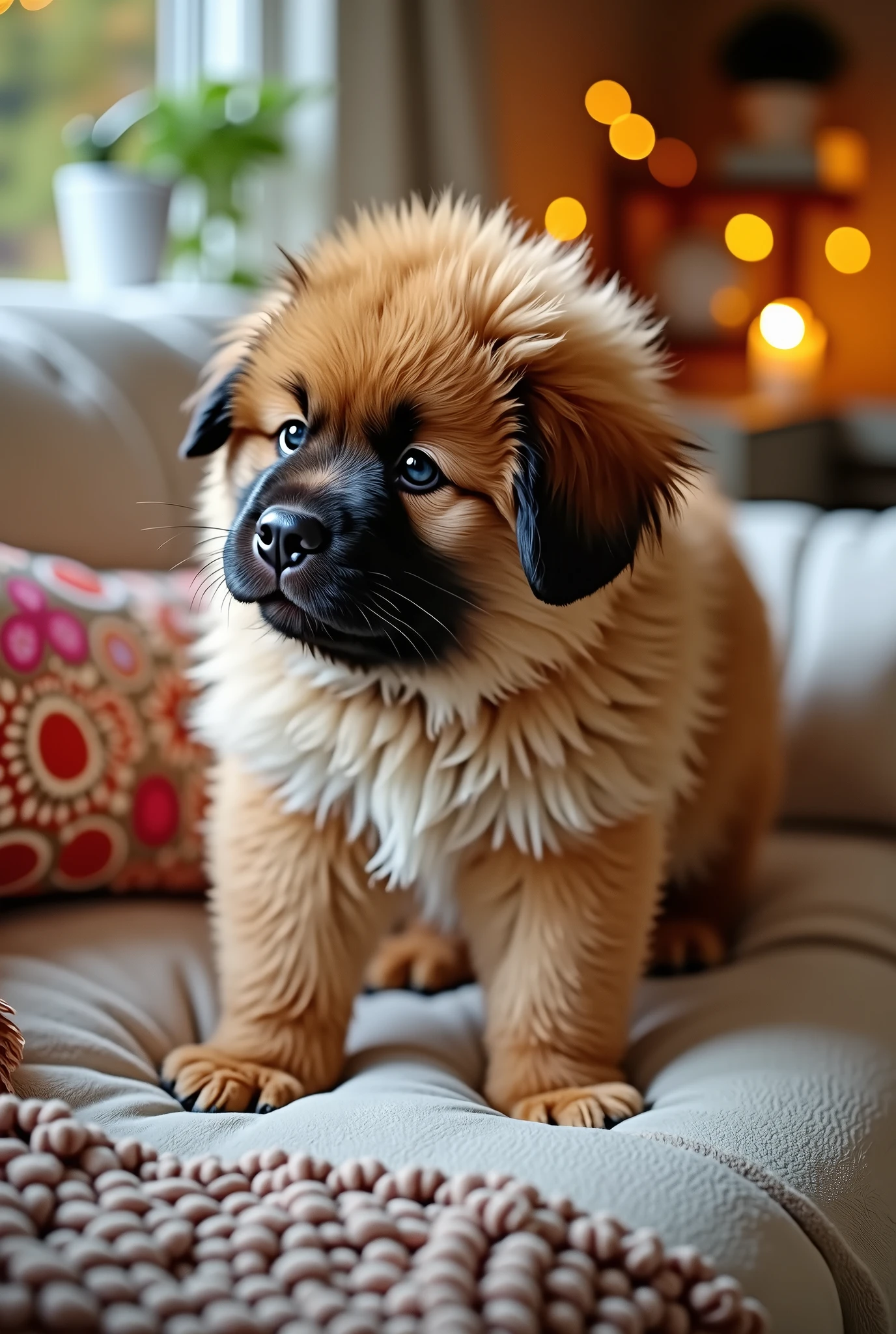 A fluffy Tibetan Mastiff puppy standing adorably on a cozy sofa. The puppy has a playful and curious expression, with its large paws slightly sinking into the cushions. The setting is a warm and comfortable living room, with soft lighting that highlights the rich fur of the puppy. The background features a few pillows and a blanket casually draped over the sofa, adding to the cozy atmosphere