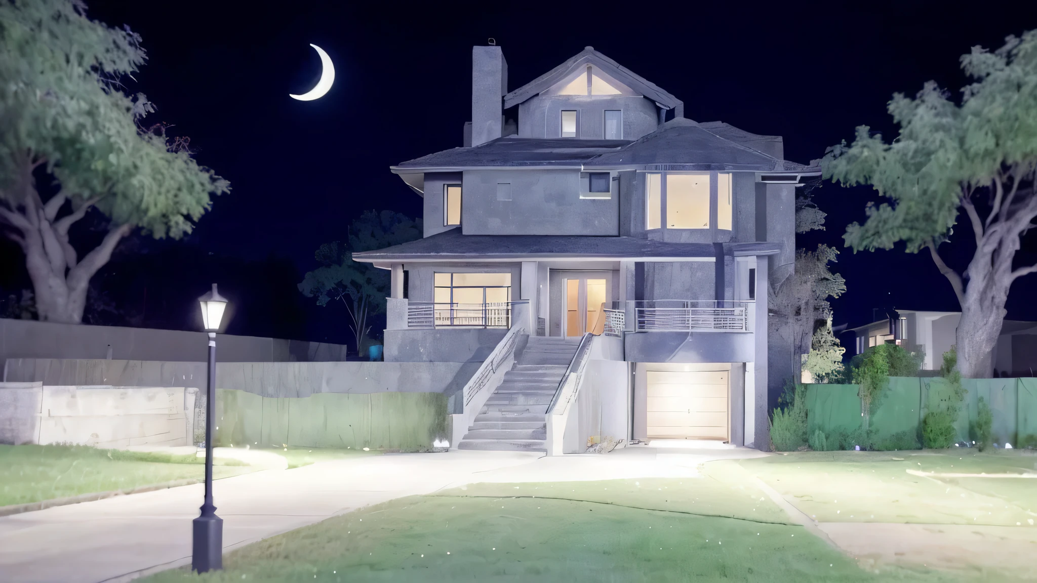 Raw photo, modern architecture rich house design, darker realistic night sky behind the building, realistic dark concrete cracked street in foreground of the image, realistic grass and sidewalk between the street and house, 1 point perspective from the front of the house, lights from inside the house are illuminating out, moon in the sky, stars in the sky,