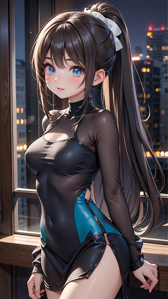 A 19-year-old Italian woman、olive-toned healthy skin。The sleek and rich dark brown hair is in a ponytail.。Bright, pale blue eyes。moderately toned physique、Balanced proportions。A cute outfit with a sexy, tight-knit dress。expression is bright and lively。The background is a forest at night。Depict the whole body。