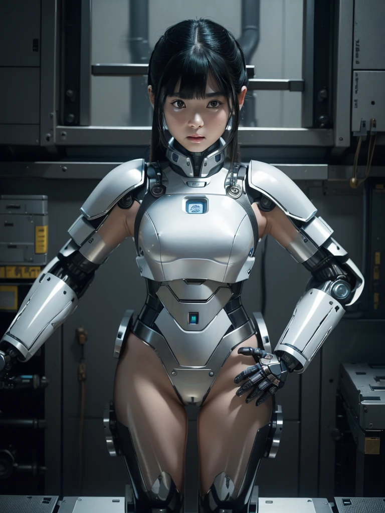 masterpiece, Highest quality, Very detailed, Japaese アンDroid girl,Portraiture,Plump,Thick,Control panel,アンDroid,Droid,Mechanical Hand, robotの腕と脚, Black Hair,Blunt bangs,perfect robot girl,Long tube,A thick cable was attached to her neck.,アンDroid,robot,humanoid,cyborg,japanese cyborg girl ,robot-assembly plant,She is now assembling,Assembly scene,Chubby,