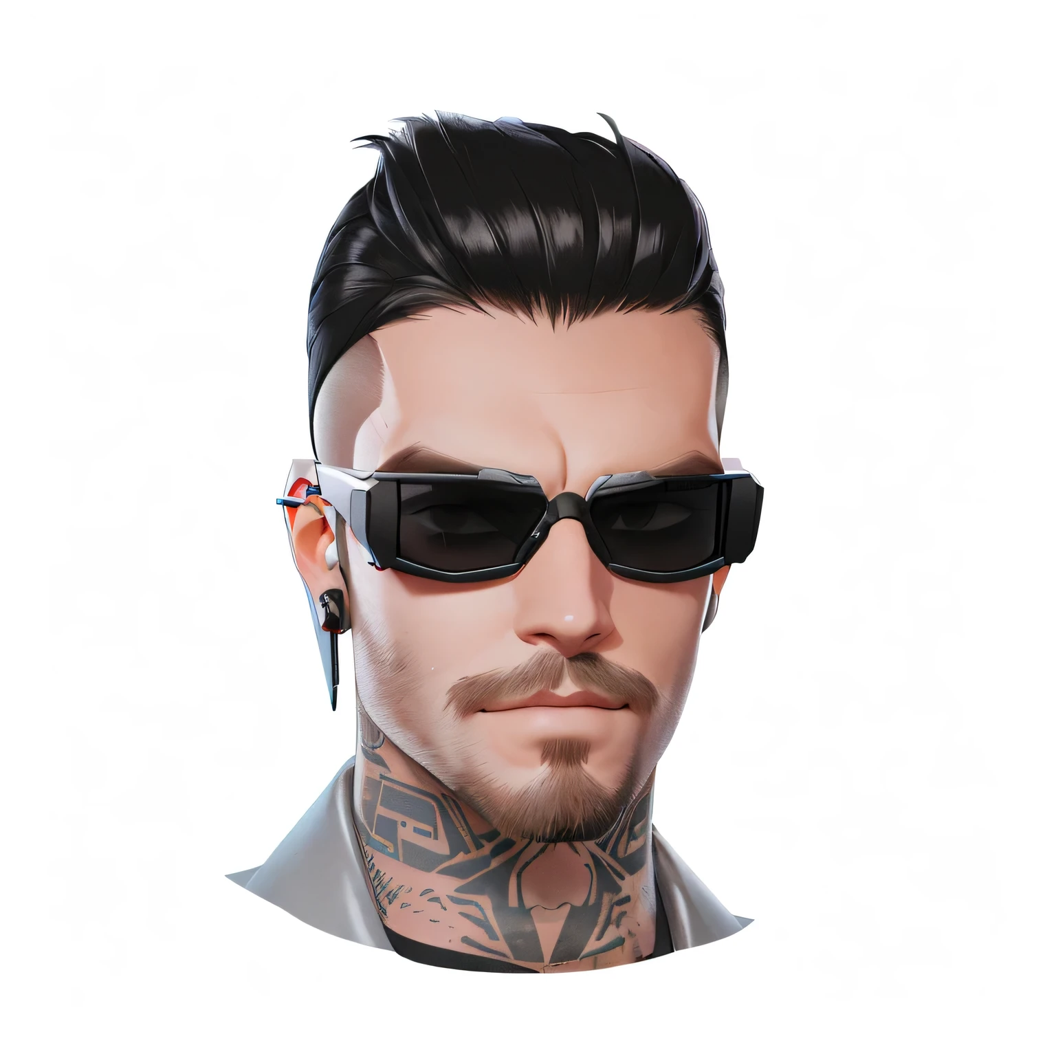 a bearded man with a neck tattoo and sunglasses, futuristic sunglasses, cyberpunk glasses, cyberpunk sunglasses, digital sunglasses, futuristic sunglasses, 3D rendering of Jerma 9 8 5, retro punk, technological sunglasses, looks, futuristic glasses lenses, tons, nft portrait, peep, demoBaza, cyberpunk street henchman, bad bunny