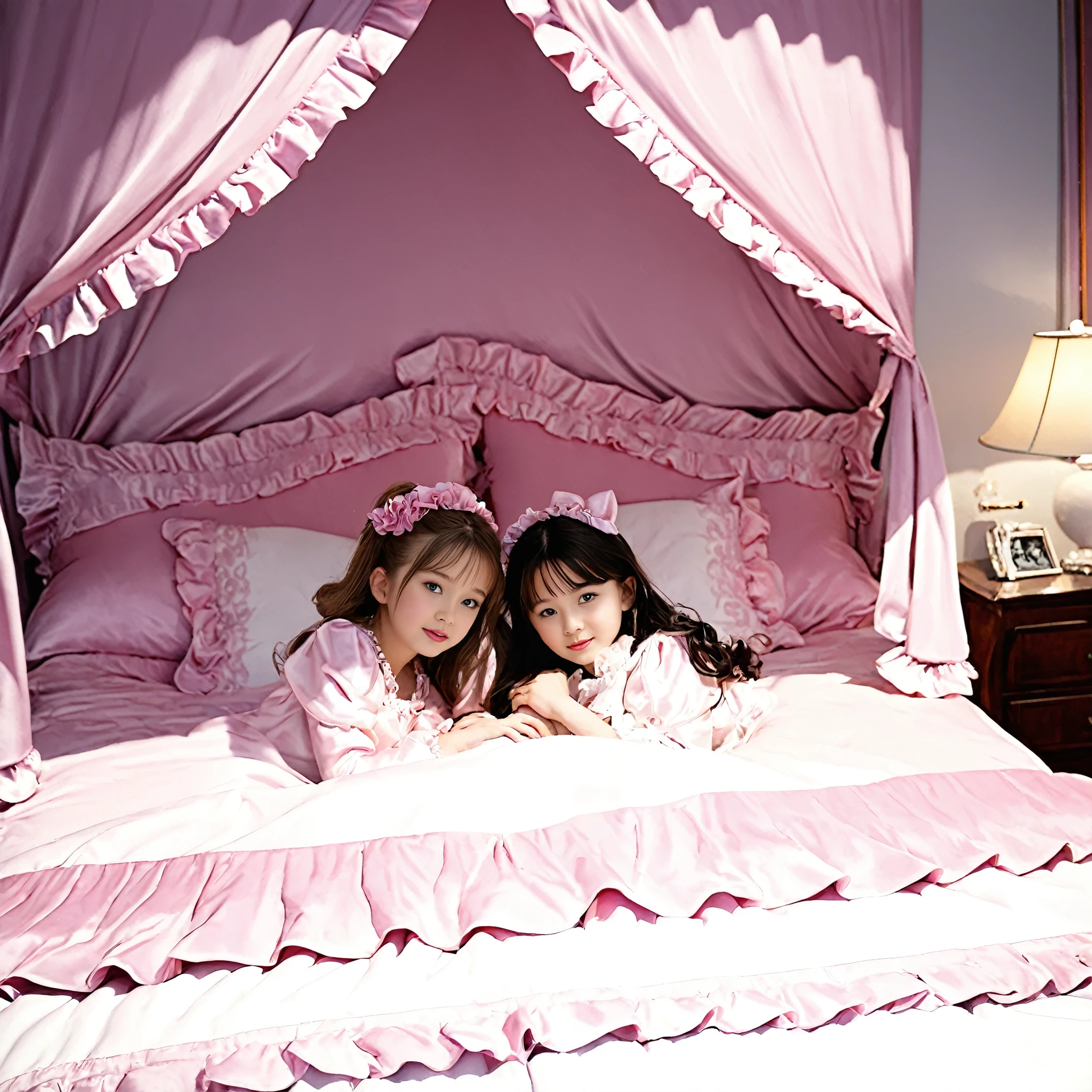 A sissy girl of10 years old, a plump quilted silk satin nightgown, long sleeves,frilled sleeves,children's mittens without fingers, a bed with a mountain of silk satin pillows,sissy canopy bed,king size bed,more big bed,lot of frilled pink pillows,more pillows, A plump qulited silk satin pink devet,ruffles lace silk.retro white pipe bed frame, A large silk satin ruffled duvet covers the entire bed,