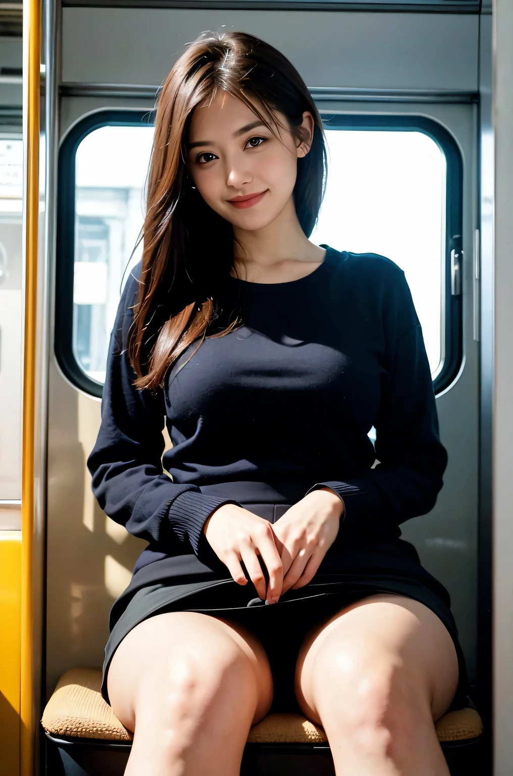 (masterpiece, Highest quality, 8k, RAW Photos, beautifully、aesthetic:1.2),  Intricate details, indirect lighting, Realistic,
whole body, Sitting on a chair on the train、Staring at the viewers、Voyeur, (Ultra-realistic pantyhose)、
 Training women , Chair to sit under skirt,Ultra mini skirt、gauze,Cowboy Shot, One 32-year-old, smile, Brown Hair, Overlooking, Celebrities