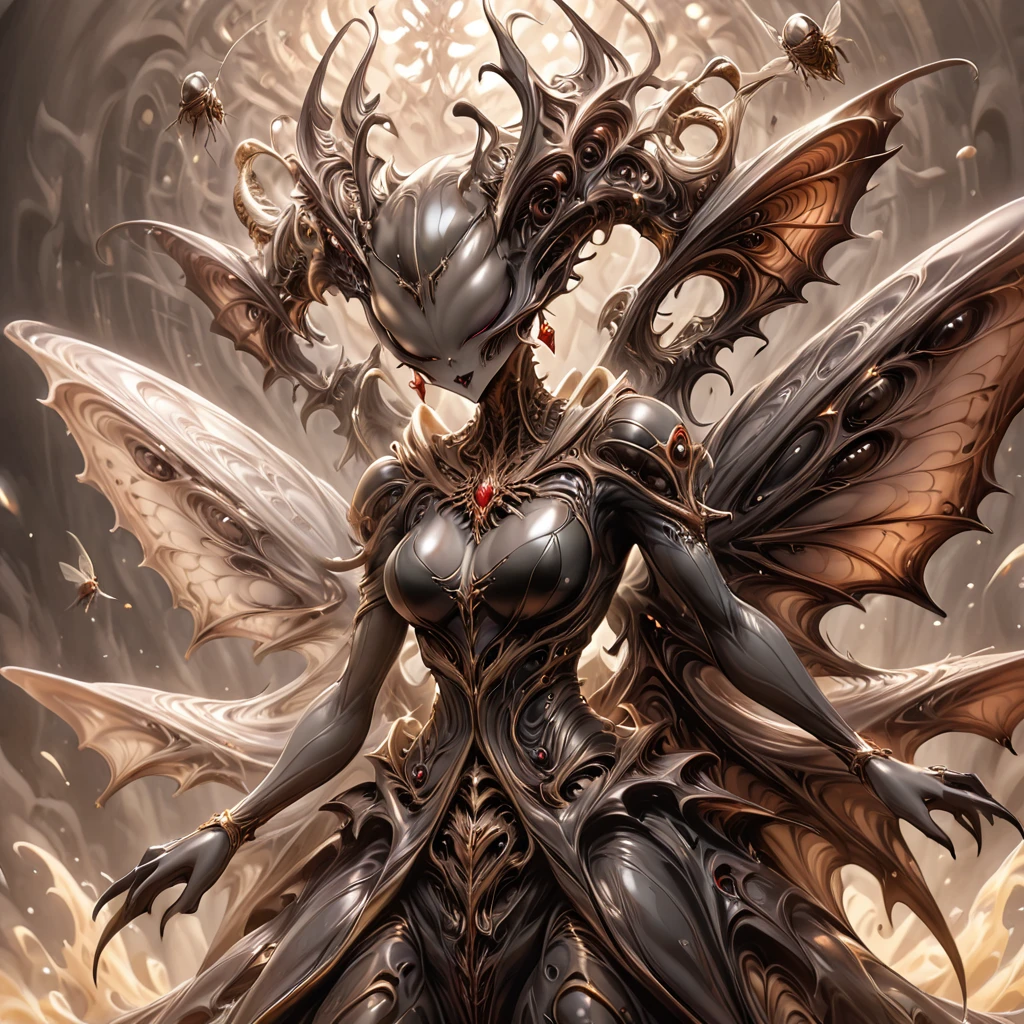The woman is a fly demon of monstrous appearance with jet-black skin, the Queen of Flies and wife of Beelzebub, the Fly King. The couple are embracing and kissing.、((Highest quality)), ((masterpiece)), (detailed), (Perfect Face)、The female fly demon, a subordinate of the fly demon king Beelzebub, is the demon queen Bertilu. She has golden blonde, semi-long hair and her body has transformed into an aberrant demon. Fly antennae grow from her head, making her a fly demoness. She wears a fly-like black demon outfit, adorned with luxurious earrings, an engagement ring, and other lavish accessories. The demon queen is a fly demoness whose female body has completely transformed into a fly demon, mirroring the demon king's appearance.、The woman became Beelzebub's wife, becoming the fly queen and spending her life with the fly king.、The woman deeply loves her husband, Beelzebub, the great fly demon king.
