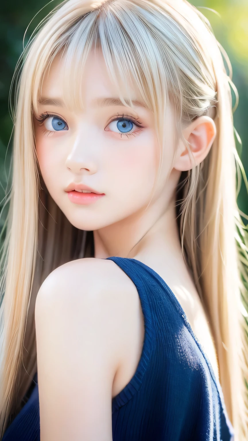 Portrait、、bright look、ponytail、bangs between eyes、bangs on the face、Young, shiny, white, glossy skin、gross face、cheek gloss highlight、best beauty、blonde reflection、Platinum blonde hair with dazzling highlights、shiny bright hair,、super long silky straight hair、Shining beautiful bangs、Attractive, beautifully shining, very bright, light blue eyes、very big eyes、Very beautiful nice cute  beautiful girl、rich bust、small face beauty、