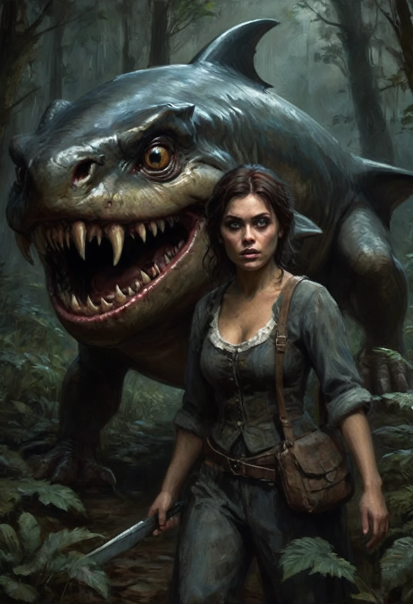 (horror) (damsel in distress) a pack of ravenous goblins with big eyes,small bodies,huge shark mouths, chasing a scared human woman with big breasts,big butt,anglo features,tramp stamp tattoo,barefoot, battered and bloody, in a dark forest at night,(best quality,4k,8k,highres,masterpiece:1.2),ultra-detailed,(realistic,photorealistic,photo-realistic:1.37),dark fantasy,horror,surreal,chiaroscuro lighting,moody atmosphere,dramatic lighting (show all of her head to toe)