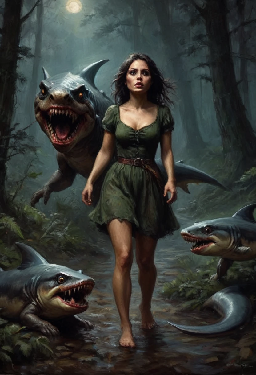 (horror) (damsel in distress) a pack of ravenous goblins with big eyes,small bodies,huge shark mouths, chasing a scared human woman with big breasts,big butt,anglo features,tramp stamp tattoo,barefoot, battered and bloody, in a dark forest at night,(best quality,4k,8k,highres,masterpiece:1.2),ultra-detailed,(realistic,photorealistic,photo-realistic:1.37),dark fantasy,horror,surreal,chiaroscuro lighting,moody atmosphere,dramatic lighting (show all of her head to toe)