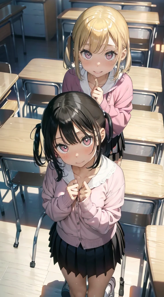 (8K、Highest image quality、highest quality、masterpiece)、detailed face、1 girl、blonde、short hair、twintails、pink eyes、smile、((small breasts))、((pink lace bra))、((light brown cardigan))、((black pleated skirt))、((miniskirt))、white socks、sit at desk、whole body、Take a photo from above、classroom background