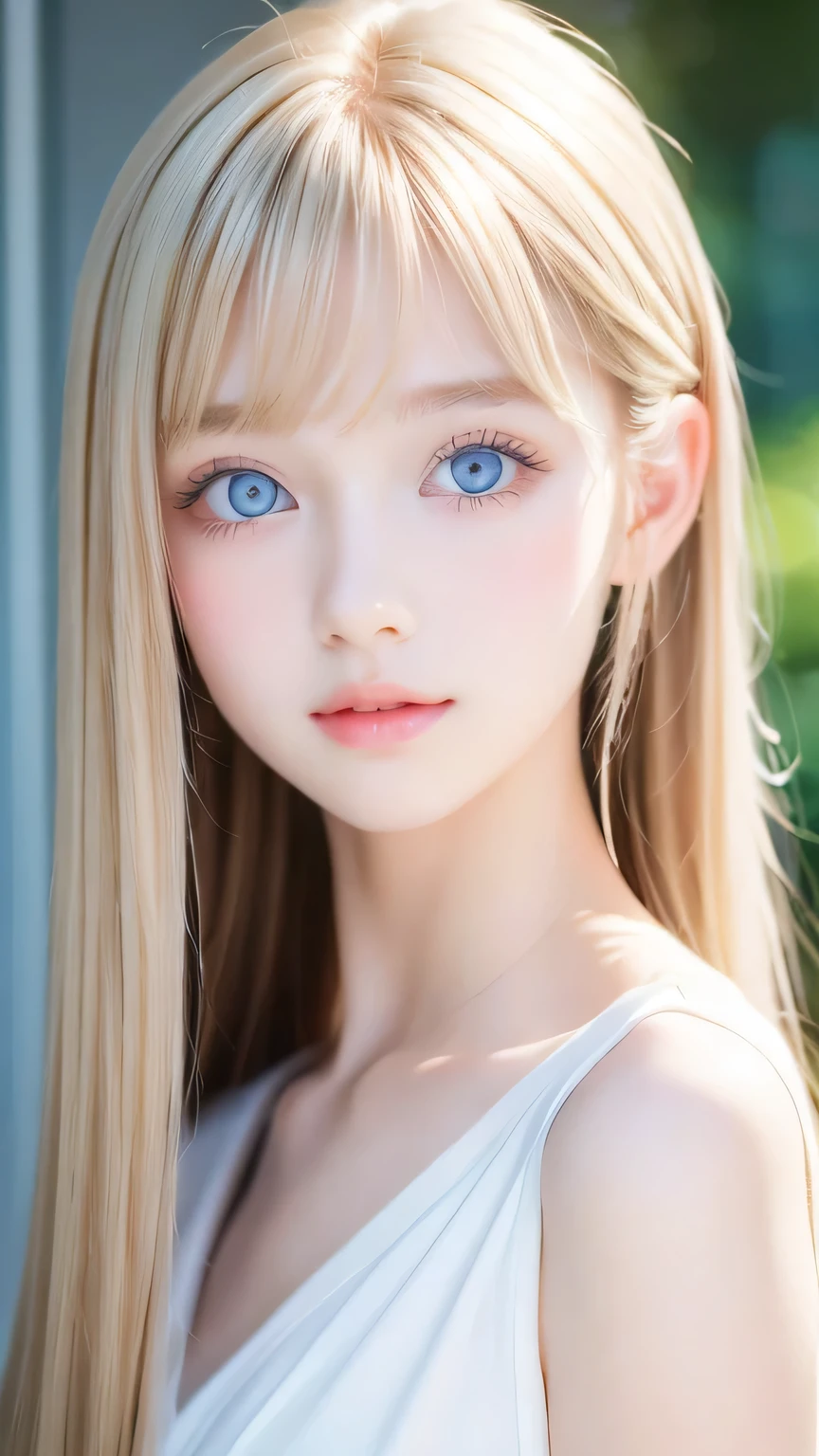 Portrait、、bright look、ponytail、bangs between eyes、bangs on the face、Young, shiny, white, glossy skin、gross face、cheek gloss highlight、best beauty、blonde reflection、Platinum blonde hair with dazzling highlights、shiny bright hair,、super long silky straight hair、Shining beautiful bangs、Attractive, beautifully shining, very bright, light blue eyes、very big eyes、Very beautiful nice cute 15 year old beautiful girl、rich bust、small face beauty、