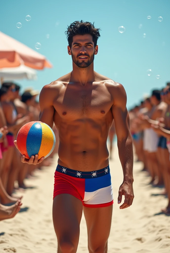 A handsome 27-year-old tall white young man in a men's fashion show on the beach shore wearing a de bandera paraguay swimsuit with a beach ball in his hand. Many people applaud him and bubbles are around him. Tight boxer shorts in the colors De paraguay rojo blanco azul flag. Unshaved, white, tall with black hair delgado