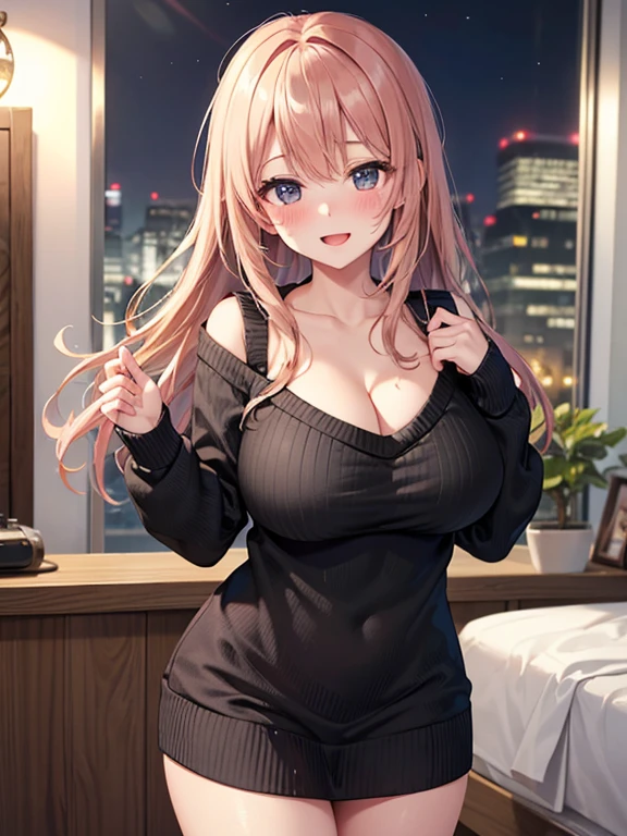 ((Highest quality)), ((masterpiece)), (detailed), One person,Age 25,(Black knit sweater),(mini skirt),Shoulder Bare,Big Breasts,blush,Underbust,(Her cleavage is visible),(Excited expression),(Seduce),night,indoor,What&#39;s left behind,nightのWhat&#39;s left behind,Dim lighting,(In a dimly lit room),(In a messy room),Browsing Caution,sexy,dirty,Sweat,(Black knee-high socks),