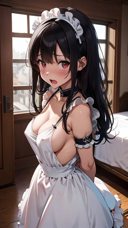 mastute piece,Best Quality,insanely detailed,8k cg,nsfw,
(shoot upper body:1.3),
(1girls:1.3),standing,looking at viewr,body in front,(arms behind back:1.4),(china maid:1.3),ホワイトプリム,(bare breasts),break,
blush,shy,(ecstasy face),(trembling:1.2),break,(light black hair:1.3),
break,
perfect breasts,perfect teats,(open mouth:0.9),(large breasts:1.2),
(bedroom),
