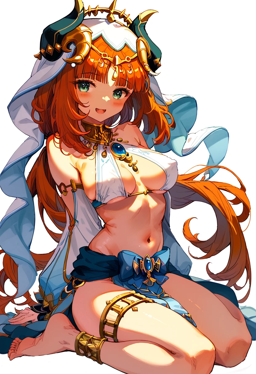 nilou_(genshin_impact) absurdres highres 1girl ;d aqua_eyes arms_up barefoot bikini breasts jewelry leg_up long_hair looking_at_viewer medium_breasts navel one_eye_closed open_mouth red_hair simple_background sitting smile solo stomach swimsuit thighlet thighs very_long_hair white_background white_bikini covered_nipples bouncing_breasts