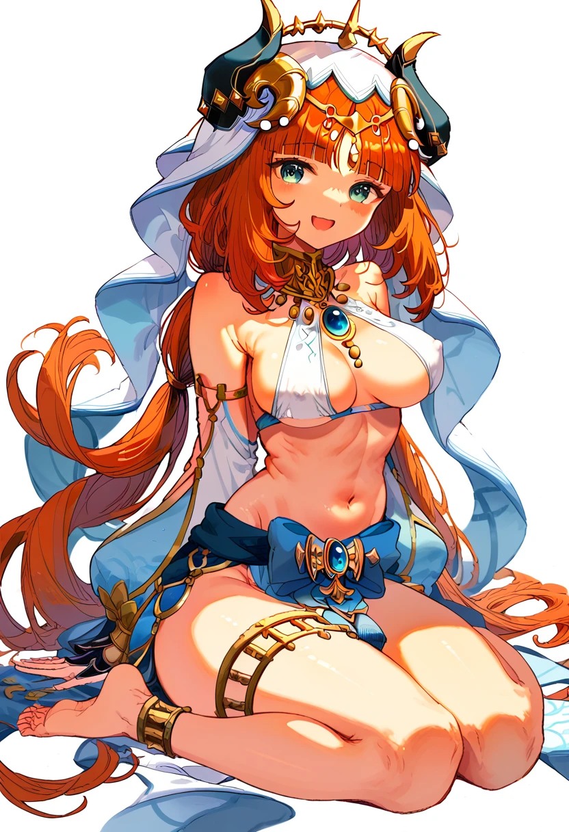 nilou_(genshin_impact) absurdres highres 1girl ;d aqua_eyes arms_up barefoot bikini breasts jewelry leg_up long_hair looking_at_viewer medium_breasts navel one_eye_closed open_mouth red_hair simple_background sitting smile solo stomach swimsuit thighlet thighs very_long_hair white_background white_bikini covered_nipples bouncing_breasts