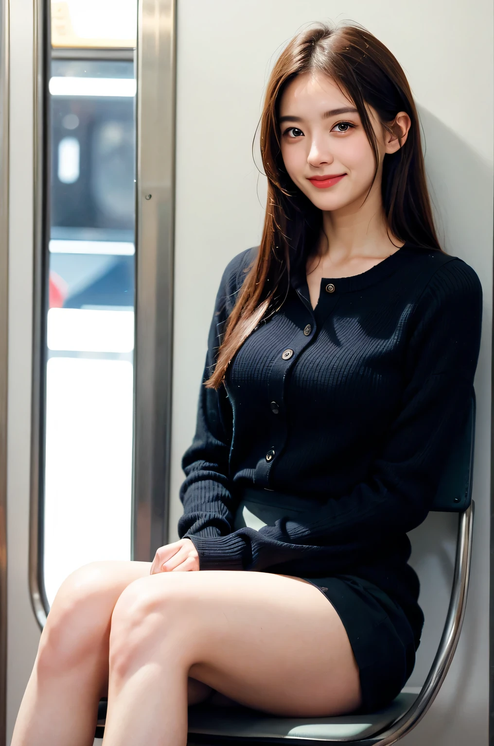 (masterpiece, Highest quality, 8k, RAW Photos, beautifully、aesthetic:1.2),  Intricate details, indirect lighting, Realistic,
whole body, Sitting on a chair on the train、Staring at the viewers、Voyeur, (Ultra-realistic pantyhose)、
 Training women , Chair to sit under skirt,Ultra mini skirt、gauze,Cowboy Shot, One 32-year-old, smile, Brown Hair, Overlooking, Celebrities、白いパンティ