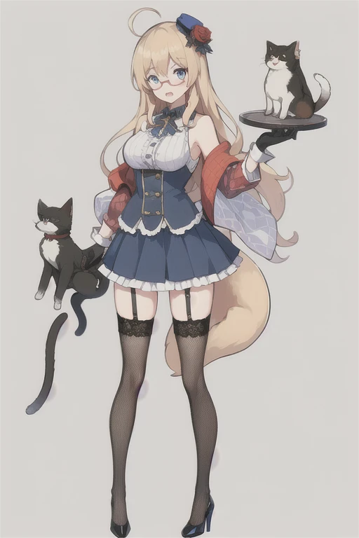 Hood \(warship girls r\),((masterpiece)),(((best quality))),((ultra-detailed)),((illustration)),((disheveled hair)),((frills)),(1 girl),(solo),1girl,animal,bangs,bespectacled,black gloves,black legwear,blonde hair,blue eyes,blue flower,blue footwear,breasts,buttons,cat,cross,dog,dress,fishnet legwear,fishnets,flower,fox,full body,garter belt,garter straps,glasses,gloves,***,hair flower,hair ornament,handgun,hat,high heels,holding,holding cat,jacket,lace,lace-trimmed legwear,lace trim,large breasts,long hair,looking at viewer,open mouth,puppy,red-framed eyewear,rose,semi-rimless eyewear,shiba inu,shoes,side slit,skirt,sleeveless,smile,snowflake hair ornament,standing,star \(symbol\),star hair ornament,star print,thighhighs,thighs,under-rim eyewear,weapon,Moderate legs,ahoge,