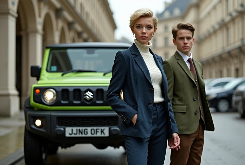 next bond car is a Suzuki Jimny-Sierra Light Green, Environmentally friendly, A commemorative photo with new 007 and bond boy is Posing the car, ((1 woman and 1 boy is existence) ), (1 Scottish woman , 30 age ,gold hair, short cut, wearing Navy Blue blazer jacket, white turtleneck sweater, Navy Blue pants, brown Burberry rain overcoat, brown shoes ),(1 Scottish boy, 18 age, brown hair, short cut, green brazer, brown pants, brown shoes ), front MI 6 building in London , ((super detail, high details, high quality, accurate, anatomically correct, textured skin, beautiful fingers super detail, high details, high quality, best quality))