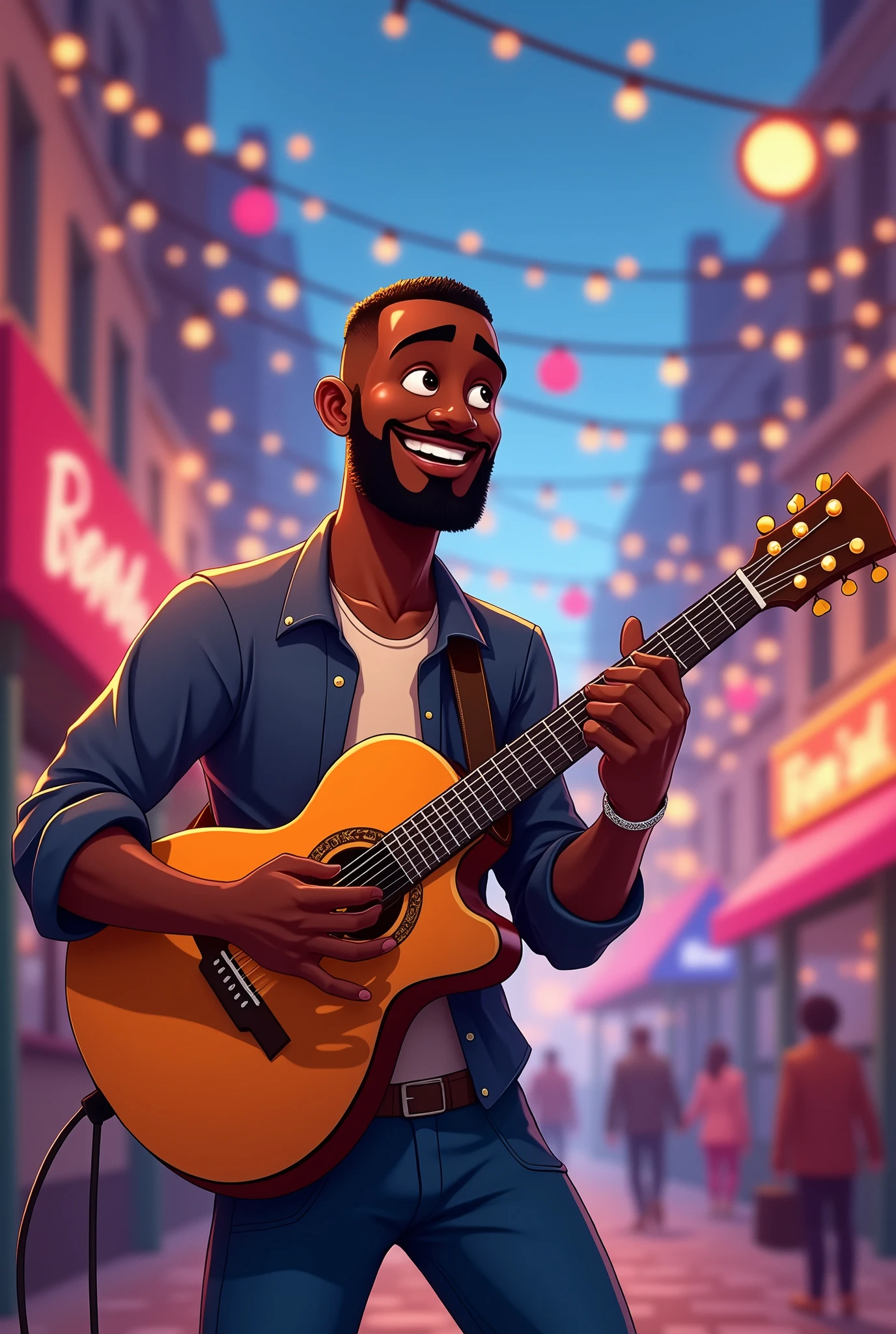 Character 35-year-old black cartoon man in pixar style playing guitar. Casembelo almost bald, Tom de Pele Medium/Dark Brown Oval face with prominent cheekbones, sem beard, medium width nose, Slightly Rounded at the Tip. Medium Thickness Lips
