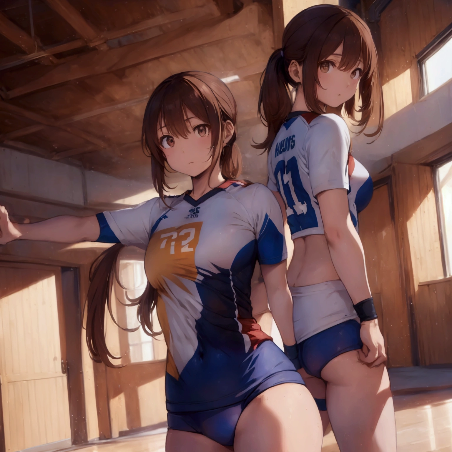 Only one female, /(Volleyball Uniforms/), Dynamic pose, /(Light brown hair/) bangs, (A look of determination, Turn your back), (Top quality masterpiece:1.2) Delicate illustrations with super detail, break /(Indoor volleyball court/)
