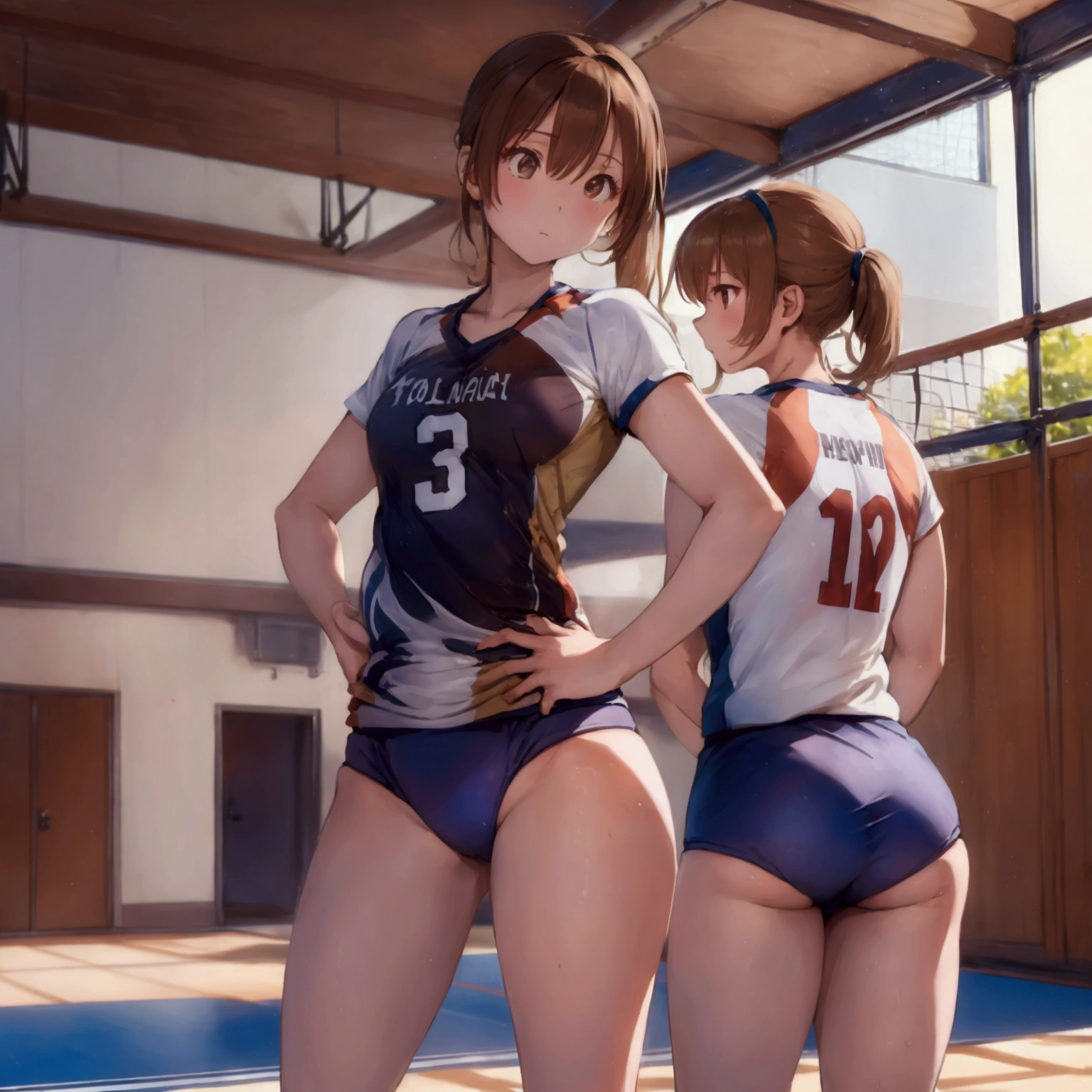 Only one female, /(Volleyball Uniforms/), Dynamic pose, /(Light brown hair/) bangs, (A look of determination, Turn your back), (Top quality masterpiece:1.2) Delicate illustrations with super detail, break /(Indoor volleyball court/)