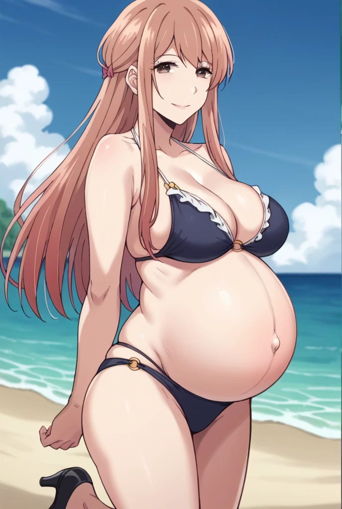 score_9, score_8_up, score_7_up, source_anime,
akaneminagawa, akane minagawa, long hair, bangs, brown hair, brown eyes, Big breasts,
Bikini, panties, Heels, big belly, large belly, Beach, background, rubing belly, smile,
looking at viewer, cowboy shot, solo, pregnant, possing, Touching her breasts,