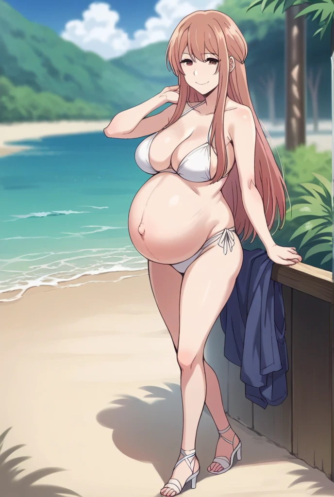 score_9, score_8_up, score_7_up, source_anime,
akaneminagawa, akane minagawa, long hair, bangs, brown hair, brown eyes, Big breasts,
Bikini, panties, Heels, big belly, large belly, Beach, background, rubing belly, smile,
looking at viewer, cowboy shot, solo, pregnant, possing, Touching her breasts,