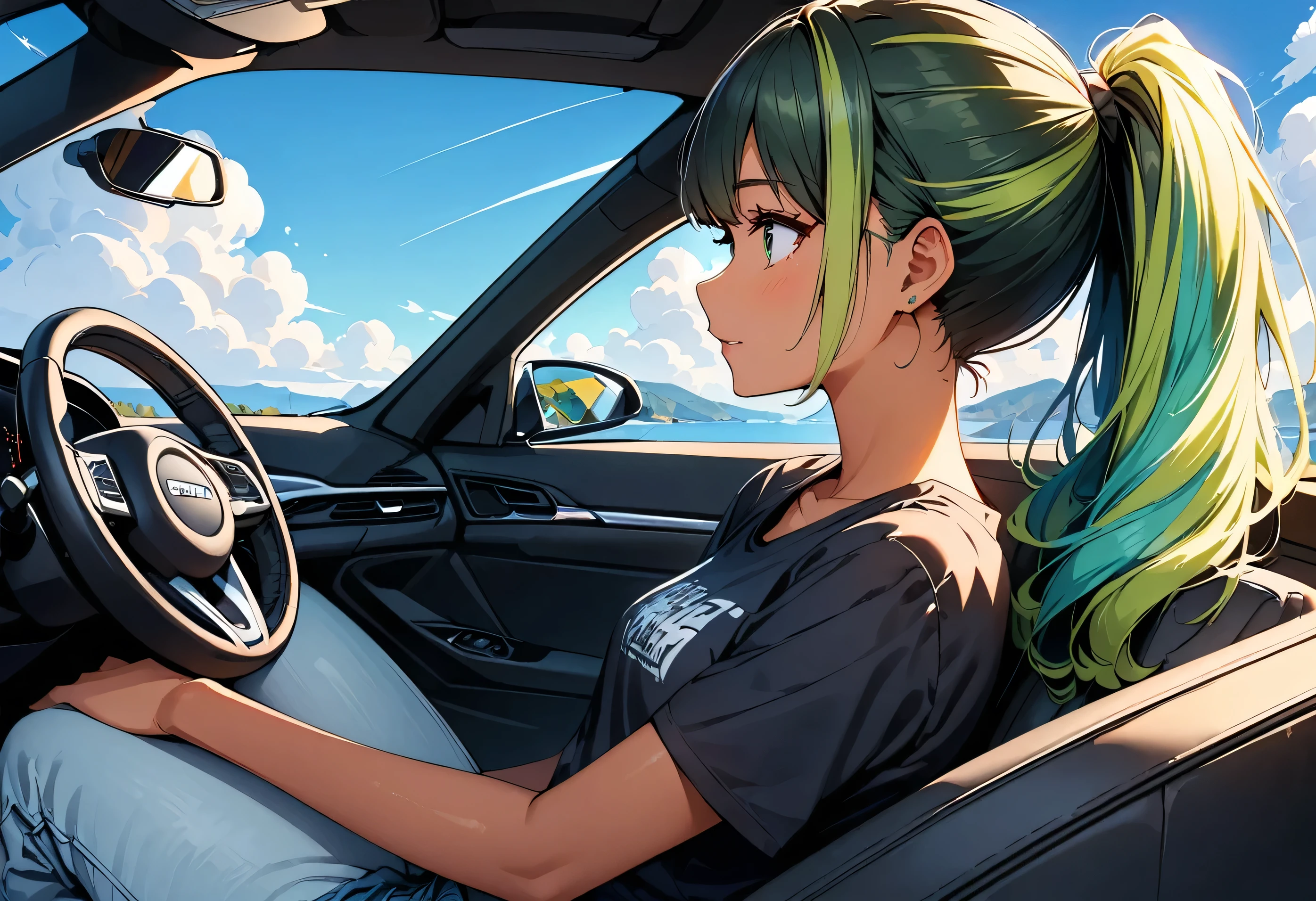 (highest quality:1.2, Very detailed, up to date, Vibrant, Ultra-high resolution, High Contrast, masterpiece:1.2, highest quality, Best aesthetics), wide angle, Portraiture、girl、((25 years old:1.8)), (slim:1.2),Bright colors、Beautiful fine details、Beautiful lip detail、long hair, (ponytail:1.3), white and yellow green ((streaked hair:1.6)), highlights hair: 1.5, (small breast,:1) (tan skin:1.2), ((drive a car:1), sitting in the driver's seat), convertible car, blue sky and white cloud, black t-shirt, jeans shorts, looking ahead, side view