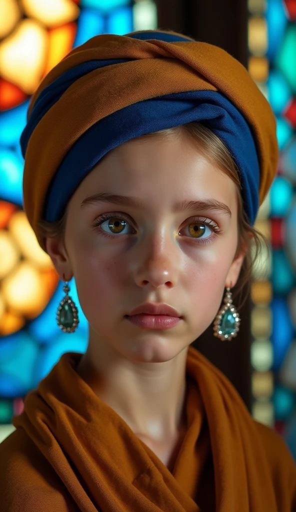 This scene should include a close-up portrait of a young girl from the shoulders up against the stained glass background of an evening chapel. The girl has soft, delicate features, white skin, moist eyes, and slightly parted lips, giving her a contemplative, almost mystical expression. Her eyes are moist and there appears to be light in them, as if she is staring directly at the viewer. She wears a golden brown and blue turban, the fabric elegantly draped, giving it rich texture and intricate folds. The blue part of the turban should stand out with a deep, almost royal shade of blue. The turban contrasts with a simple yet striking aquamarine earring that dangles from her left ear, reflecting light and highlighting its smooth, shiny surface. The girl's clothing is a simple, muted brown robe with subtle shadows and highlights to show the softness and texture of the fabric.