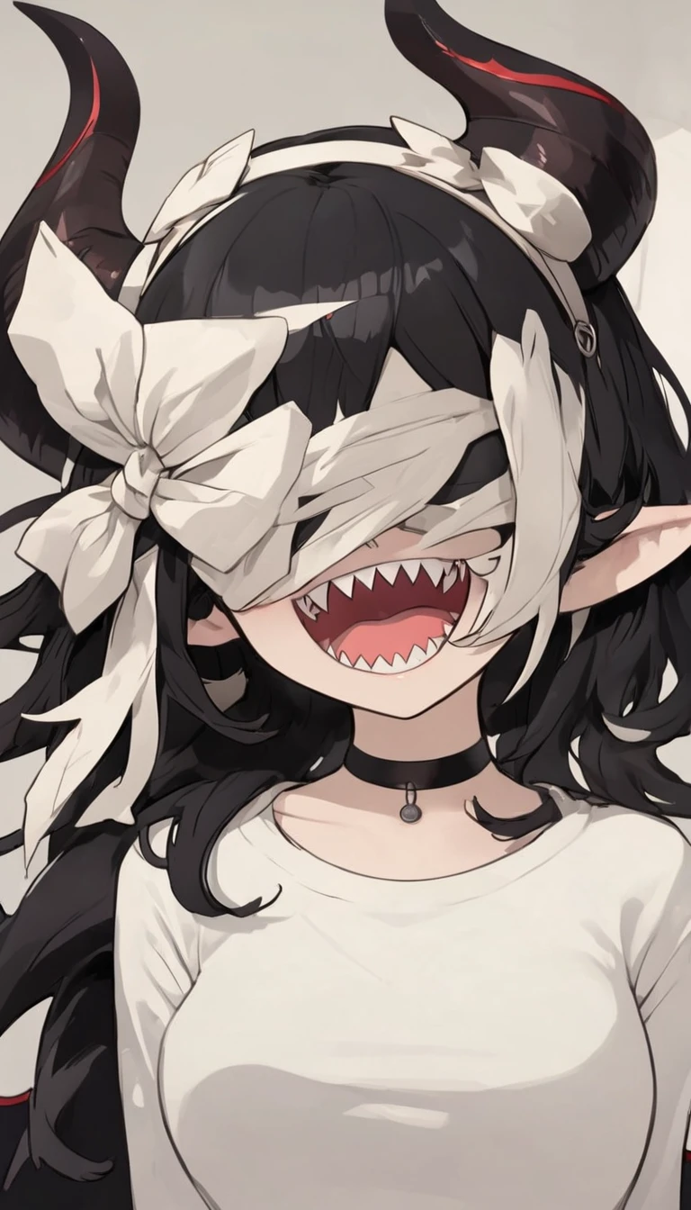 Rosto detalhado, grandes olhos, sharp teeth, hair over eyes, hairband, demon horns, demon wings, long hair, pointy ears, elf, black hair