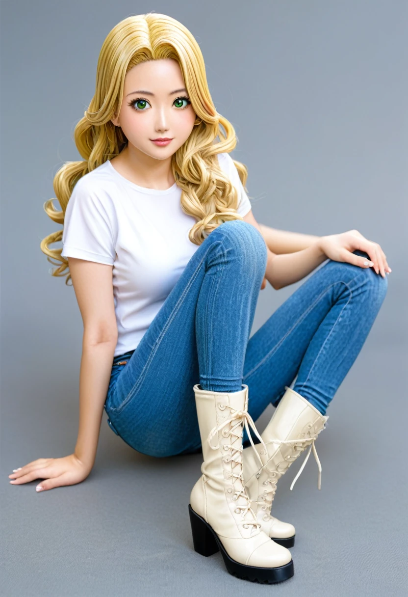 kirino kousaka, 1girl, solo, long hair, blonde hair, green eyes, japanese female, model, young woman, high-waisted blue denim pants, tucked in white t-shirt, ankle boots, light open cardigan blouse, fashionable