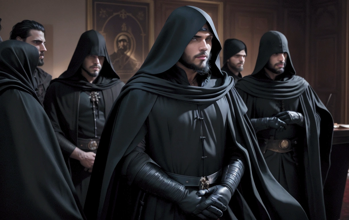 a young handsome european man black hair short beard blue eyes wearing a black noble cloth with hood cover his head with black gloves with a group of men in the council meeting room at night with picture of a king on the wall, cinematic