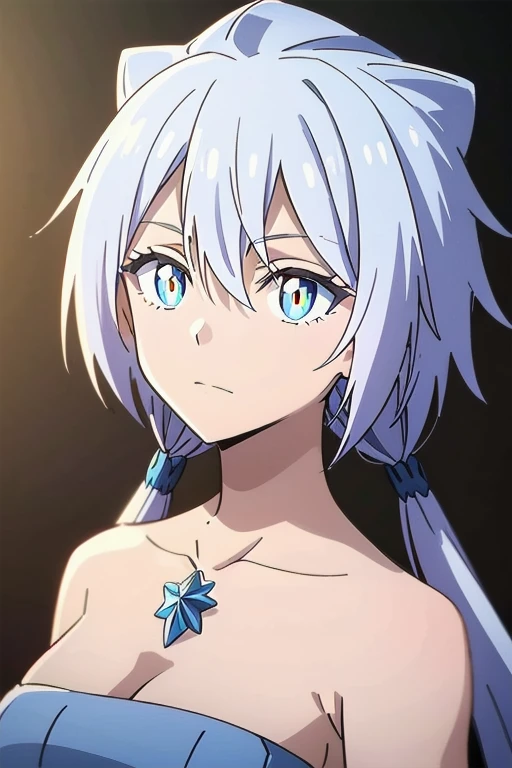 The image is a portrait with her face in the middle and looking straight at the screen. She has blue hair, she has yellow eyes, blue pupils (pupils are blue) , the blue pupil is long and extremely narrow (like a dragon's pupil). Her outfit is a blue dress with a hint of yellow. The background behind her is a heaven surrounded by golden light, also covered in white.