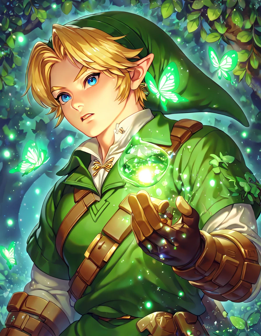 absurdres, highres, ultra detailed, HDR, master piece, best quality, extremely detailed, Link, blonde hair, expressive blue eyes, The Legend Of Zelda Ocarina Of Time, solo, sexy man, sensual, handsome, manly man, green tunic, green hat, brown gauntlets, under a green tree, fantasy, magical, glittering fireflies, green butterflies, green flames, glass magic, green leaves