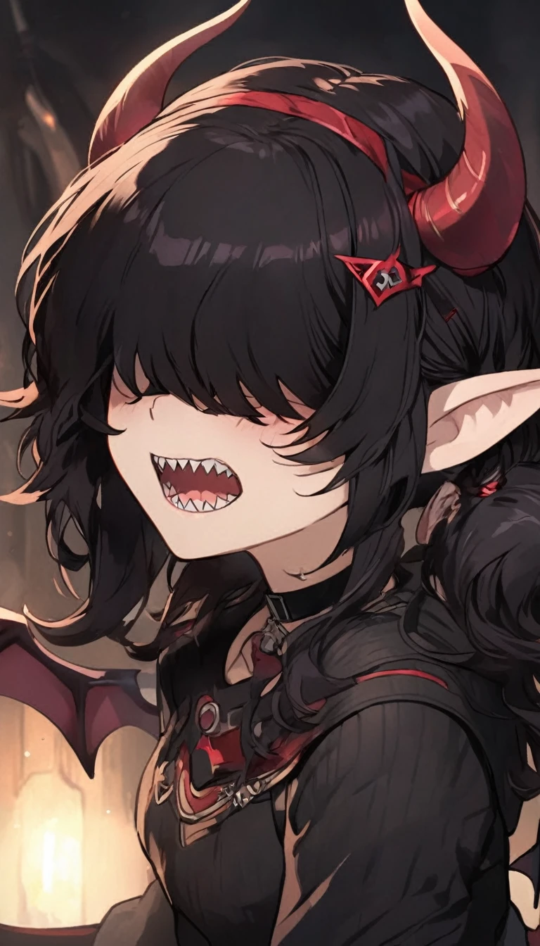 Rosto detalhado, grandes olhos, sharp teeth, hair over eyes, hairband, demon horns, demon wings, long hair, pointy ears, elf, black hair