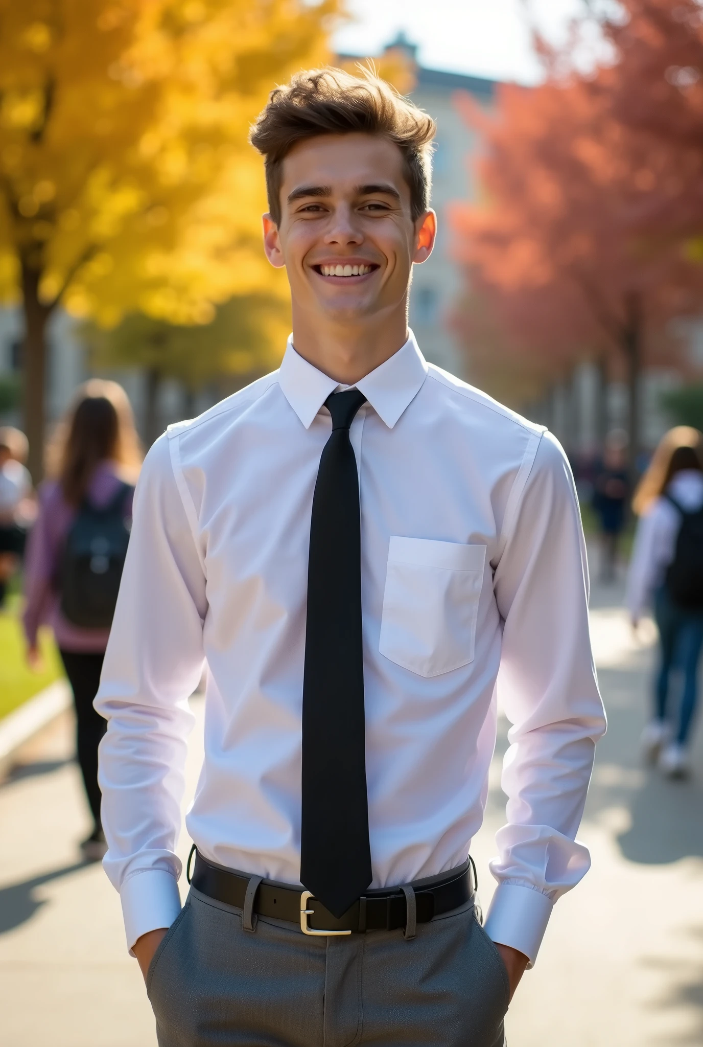 American male student wearing white long sleeve shirt with chest pocket, hands at the sides, black tie, Gray pants, and black strap, standing in a schoolyard in hd, with a big smile, In the foreground