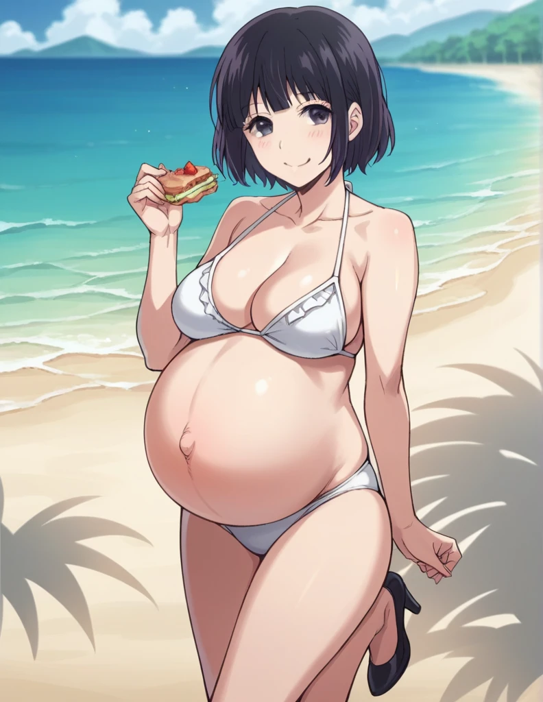 score_9, score_8_up, score_7_up, source_anime,
hanabiyasuraoka, hanabi yasuraoka, short hair, black hair, black eyes,
Big breasts,
Bikini, panties, Heels, big belly, large belly, Beach, background, rubing belly, smile,
looking at viewer, cowboy shot, solo, pregnant, possing, eating