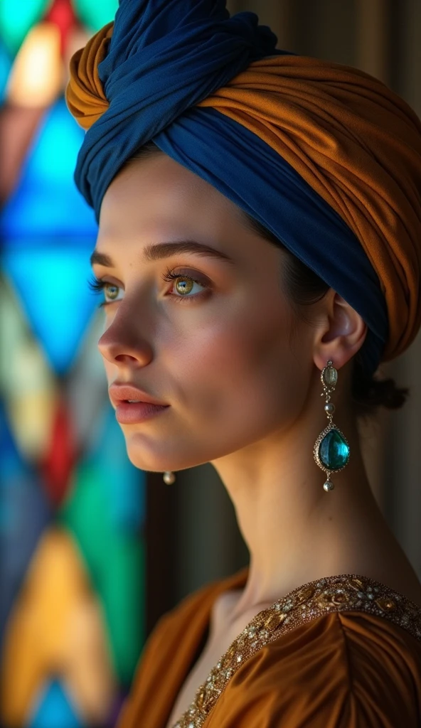 This scene should include a close-up portrait of a beautiful female from the shoulders up against the stained glass background of an evening chapel. The female has soft, delicate features, white skin, moist eyes, and slightly parted lips, giving her a contemplative, almost mystical expression. Her eyes are moist and there appears to be light in them, as if she is staring directly at the viewer. She wears a golden brown and blue turban, the fabric elegantly draped, giving it rich texture and intricate folds. The blue part of the turban should stand out with a deep, almost royal shade of blue. The turban contrasts with a simple yet striking aquamarine earring that dangles from her left ear, reflecting light and highlighting its smooth, shiny surface. The girl's clothing is a simple, muted brown robe with subtle shadows and highlights to show the softness and texture of the fabric.