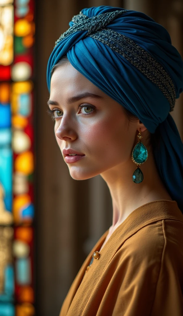  This scene should include a close-up portrait of a beautiful female from the shoulders up against the stained glass background of an evening chapel. The female has soft, delicate features, white skin, moist eyes, and slightly parted lips, giving her a contemplative, almost mystical expression. Her eyes are moist and there appears to be light in them, as if she is staring directly at the viewer. She wears a golden brown and blue turban, the fabric elegantly draped, giving it rich texture and intricate folds. The blue part of the turban should stand out with a deep, almost royal shade of blue. The turban contrasts with a simple yet striking aquamarine earring that dangles from her left ear, reflecting light and highlighting its smooth, shiny surface. The girl's clothing is a simple, muted brown robe with subtle shadows and highlights to show the softness and texture of the fabric.