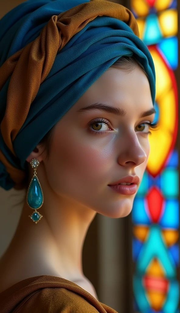This scene should include a close-up portrait of a beautiful female from the shoulders up against the stained glass background of an evening chapel. The female has soft, delicate features, white skin, moist eyes, and slightly parted lips, giving her a contemplative, almost mystical expression. Her eyes are moist and there appears to be light in them, as if she is staring directly at the viewer. She wears a golden brown and blue turban, the fabric elegantly draped, giving it rich texture and intricate folds. The blue part of the turban should stand out with a deep, almost royal shade of blue. The turban contrasts with a simple yet striking aquamarine earring that dangles from her left ear, reflecting light and highlighting its smooth, shiny surface. The girl's clothing is a simple, muted brown robe with subtle shadows and highlights to show the softness and texture of the fabric.