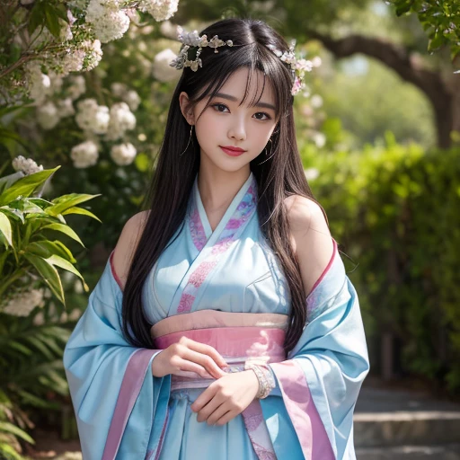 。Wearing Hanfu,紗質long skirt,best quality, Delicate face,beautiful visual work, lifelike,, black hair, Smile, Detailed Background, Delicate face,blush,cold,((masterpiece))、(top quality)、8k、high detail、Super detailed,31-year-old female, masterpiece、born、Scenes resembling fairy tale illustrations、intricate details和複雜的設計、Beautifully、magic、capricious、 Beautifully、Dream aesthetics、「𝓡𝓸𝓶𝓪𝓷𝓽𝓲𝓬、ethereal、charming、fickle、magic」、realism、Visual effects、FXAA、SSAO、Shader、voiceless、ambient lighting、Tone mapping、High resolution、Ultra high quality、Million pixels、(8K resolution:1.10)、8k、8k以下、8K resolution、high detail、intricate details, (high quality:1.2、masterpiece:1.2、:1.21)、(31-year-old female:1.21)、(興奮地Smile)、(Surrounded by a dreamy atmosphere、full-body shot,Normal 2 feet,Put your hands behind you, H cup chest, The clothing reveals the prominent part of the breasts.,Don't show your fingers, full-body shot,arms behind back, side view, side angle, side view photo, side angle shot,side view, side view, side view,Side angle, Side angle, in the Disneyland Park, long skirt,Twin tails tied with a bow