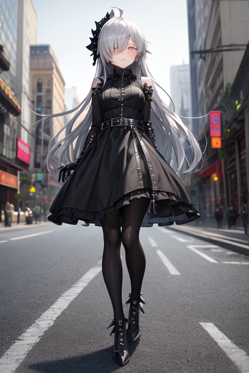 ((best quality)), ((masterpiece)), (detailed), 1 girl, Full body, 18 years old, Depressed face, silver eye, Arms behind waist, Eyes covered, Blushing, Silver hair, long hair, ahoge, Bangs, strand of hair covering her right eye, mask, Full body, very tall, very Small breasts, Slim body, Grey hood, Metal spikes, Grey wristbands, Long black gloves with spikes, Grey goth outfit, Gothic lolita, Grey dress with metal spikes, Metal emblem, Tight fitting, Black belt, Metal skin, Black pantyhose, Black shoes, Walking through the city, Metal spikes coming out of the road, City background, Anime