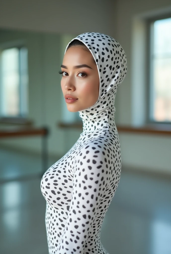 The beautiful Chinese flexible adult girl with beautiful cheeks wears white leopard print full lycra dancewear turtleneck unitard catsuit.She wears white leopard print lycra elastane dancewear hijab-like zentai hood.