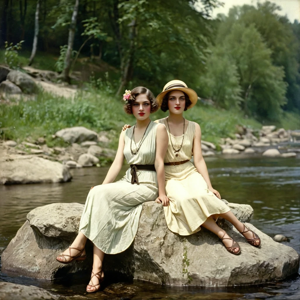 (high quality,ultra-detailed,realistic:1.37 two women sitting on a rock near a river, a colour portrait by Rudolf Freund, flickr, fine art, 1920s photography, 1 9 2 0 s photography, 1 9 1 0 s photography, 8k artistic 1920s photography, girls resting, béla tarr, 1910 photography perfect beautiful faces, very sexy, 1920s woman,