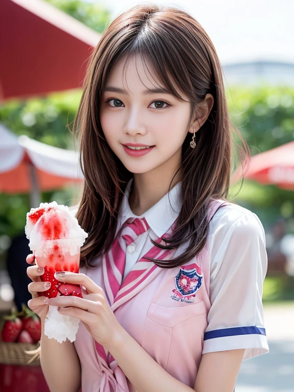 photography of a brightly sangmi nam who is korean actress,masterpiece,photorealistic,analog,realism,korean idol,slim leg, long_brown_hair,1 girl, very bright backlighting, solo, {beautiful and detailed eyes},large breasts,calm expression, natural and soft light, hair blown by the breeze, delicate facial features, Blunt bangs, beautiful korean girl, eye smile, very small earrings, 18yo, ((model pose)), Glamor body type,(half red and half brown hair:1.2), flim grain, realhands, masterpiece, Best Quality, photorealistic, ultra-detailed, finely detailed, high resolution,brown messy hair, perfect dynamic composition, beautiful detailed eyes,Korean girl,((nervous and embarrassed)),sharp-focus, beautymix, FilmGirl,long hair,((smile:1.5)),(head tilted:1.5),(wearing a pink school uniform:1.3),(offering shaved ice topped with strawberry syrup with both hands:1.5),(standing in front of a shaved ice stand:1.3),(The wind blows your hair:1.4),cowboy_shot