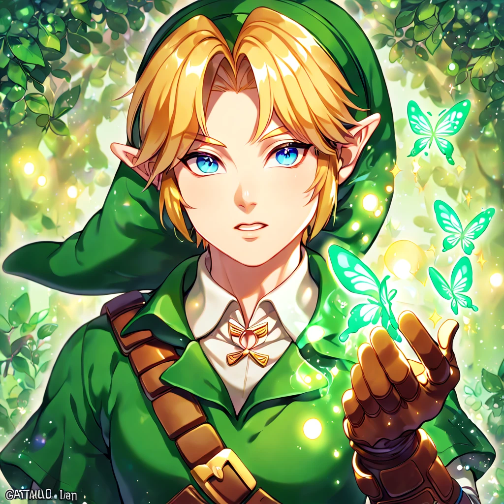 absurdres, highres, ultra detailed, HDR, master piece, best quality, extremely detailed, Link, blonde hair, expressive blue eyes, The Legend Of Zelda Ocarina Of Time, solo, sexy man, sensual, handsome, green tunic, green hat, brown gauntlets, under a green tree, fantasy, magical, glittering fireflies, green butterflies, green flames, glass magic, green leaves