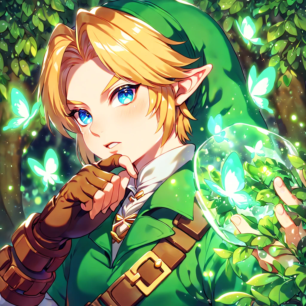 absurdres, highres, ultra detailed, HDR, master piece, best quality, extremely detailed, Link, blonde hair, expressive blue eyes, The Legend Of Zelda Ocarina Of Time, solo, sexy man, sensual, handsome, green tunic, green hat, brown gauntlets, under a green tree, fantasy, magical, glittering fireflies, green butterflies, green flames, glass magic, green leaves