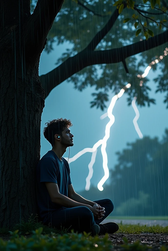 A young man listening to music under a tree while it rains and lightning is seen in the sky