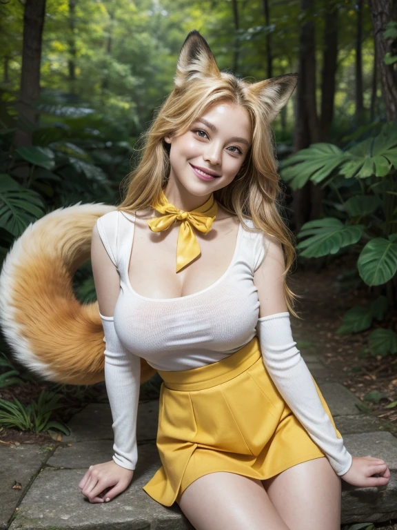 ((Highest quality, 8k)), ((masterpiece)), (Highest Resolution), Perfect Face, Fox Woman, Female college student, Beautiful woman, Outdoor, One tail, she has thick thighs, Her large tail, She has a yellow fox tail., She wags her tail, Smiling with teeth showing, Fur collar, She is wearing a short skirt, Big Breasts, Beautiful Hips , A fox tail sticks out from the skirt.