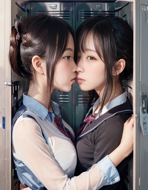 8k,masterpiece,Japanese,best quality, (girls:1.4), (kissing:1.4), (crowded locker:1.5), reluctantly, (blush:1.3), (breasts:1.3)