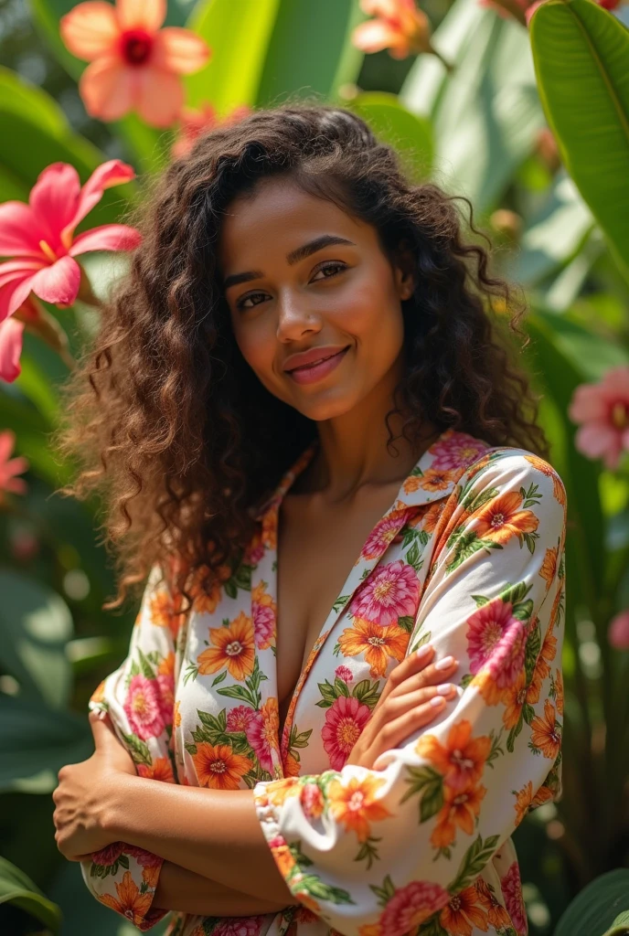 A Brazilian woman in a lush tropical garden, wearing an open shirt with a floral print, with a close-up capturing the harmonious beauty between her breasts and the natural flowers, showing off your natural charm and outgoing personality.